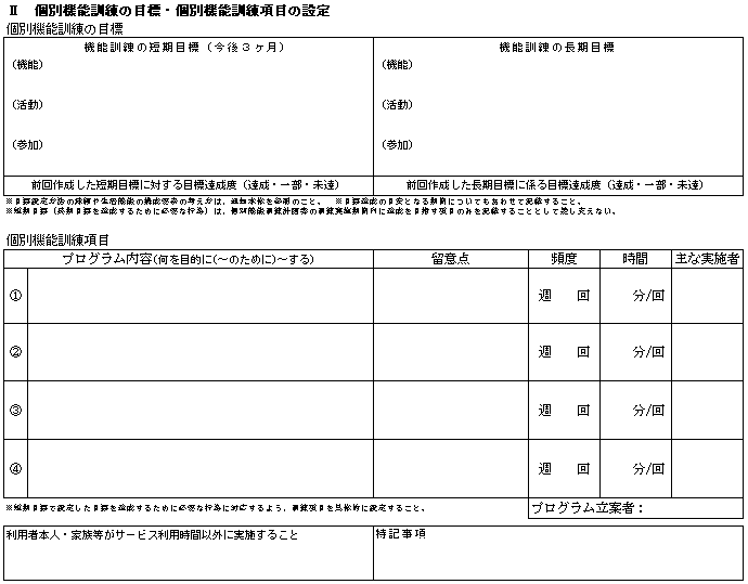 個別機能訓練計画書　個別機能訓練の目標・個別機能訓練項目の設定